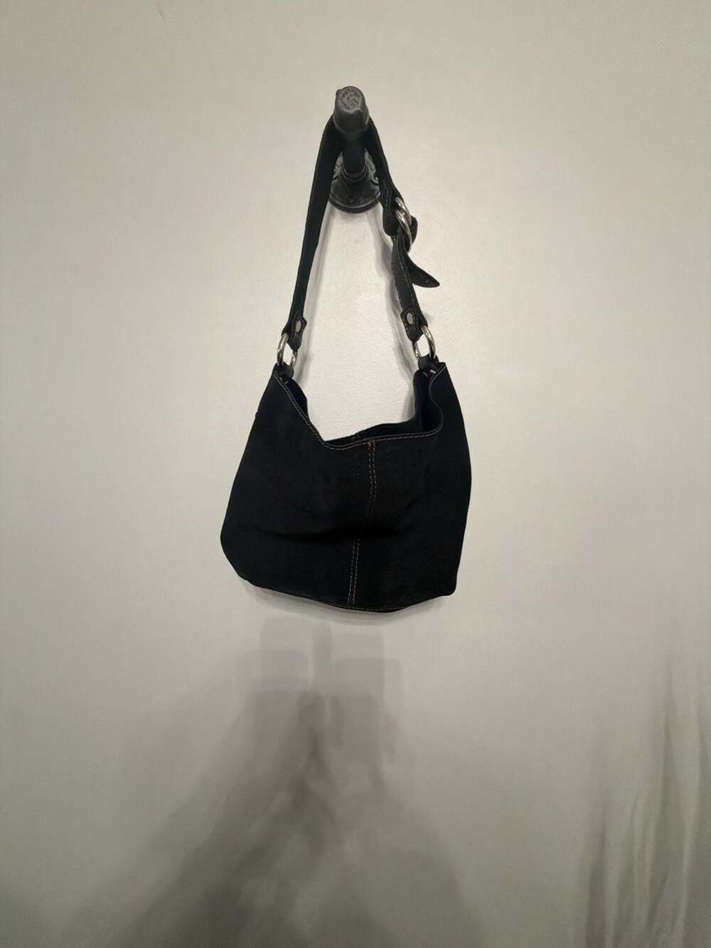 Lucky Brand Black Suede Leather Hobo Shoulder Bag with Contrast Stitching